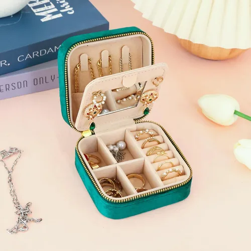 Vista 7 de Fixwal Organizador de viaje de joyería, pequeñas cajas de joyería con espejo, mini joyería de viaje, terciopelo de felpa para mujeres y niñas