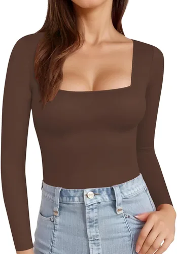 Vista 20 de MANGOPOP - Camisetas ajustadas de manga corta y manga larga con cuello cuadrado para mujer A01 Manga Corta Negro
