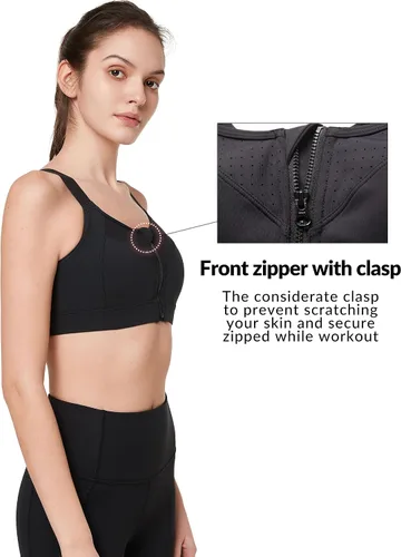 Vista 4 de Yvette Sujetadores deportivos ajustables para mujer de alto impacto, brasier deportivo con cremallera frontal, talla grande para correr y entrenar