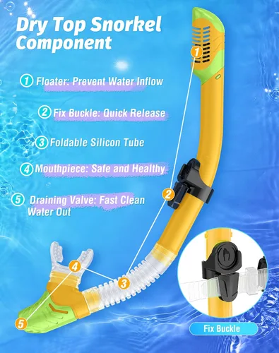 Vista 4 de Greatever Snorkeling Gear for Kids, Dry Snorkel Set Panoramic View Snorkel Mask, Anti-Fog Scuba Diving Mask for Kids Youth Age 6-14, Unisex Swimming