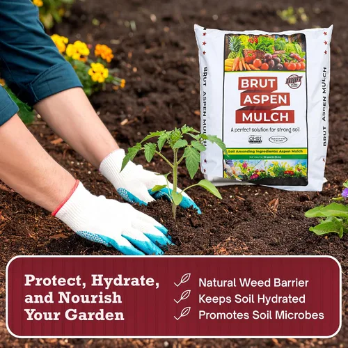 Vista 2 de Brut Organic Aspen Mulch 10 cuartos de galón – Retenedor de humedad natural y protector de raíces – Sin olor, mantillo de corteza rico en nutrientes