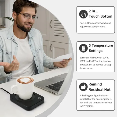 Vista 4 de Calentador de taza de café, calentador inteligente de tazas para escritorio, 3 controles de temperatura y apagado automático, calentador eléctrico