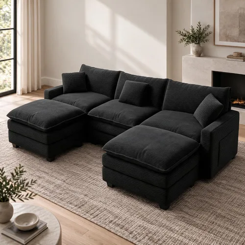 Vista 24 de Sofá seccional modular de 107", sofá de nube en forma de L con otomana Negro