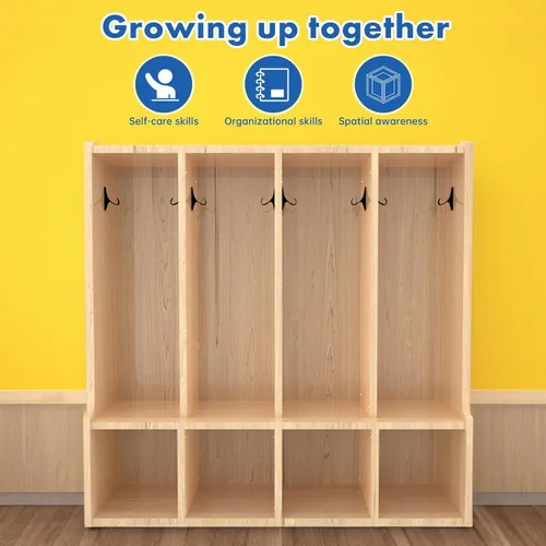 Vista 7 de TONGMO Armario de abrigos para niños con banco, muebles naturales para niños pequeños de 4 secciones para almacenamiento organizado (4 secciones)