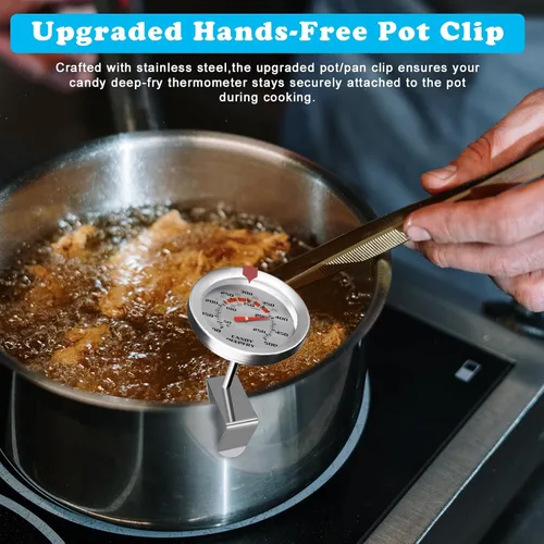 Vista 5 de Termómetro de acero inoxidable con clip para olla, termómetro de aceite para freír con sonda de 9 pulgadas de largo y esfera de 2 pulgadas, lectura