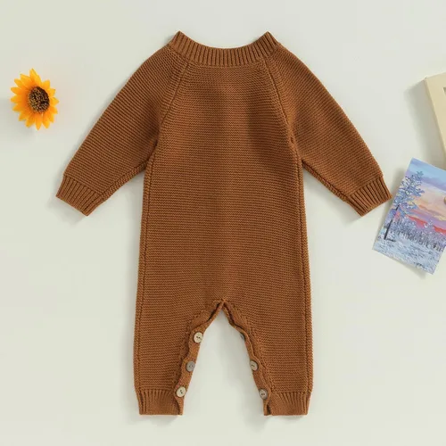 Vista 4 de Mameluco de punto de gran tamaño con cuello redondo y botones de manga larga para bebé niño y niña