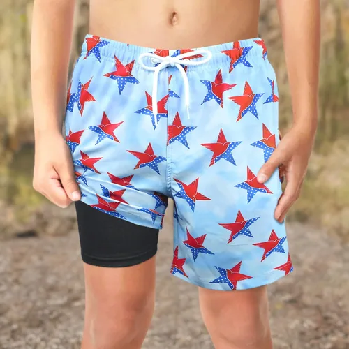 Vista 9 de Trajes de Baño para Niños con Forro de Compresión Cómodos Shorts de Natación Anti-Rozaduras Elásticos UPF Secado Rápido Talla 3T-20 Estrellas Águila