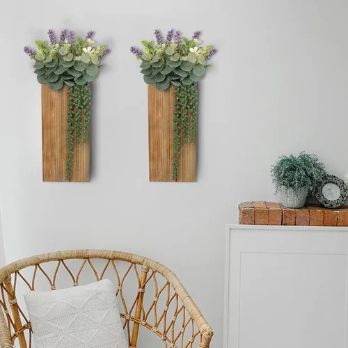 Vista 4 de Macetas de pared de madera, paquete de 2 con plantas de vegetación artificial - jarrones de pared de bolsillo para flores secas - decoración