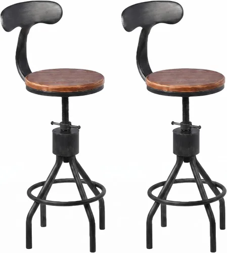 Vista 9 de Juego de 2 taburetes de bar industriales con respaldo de 23 a 33 pulgadas, asiento giratorio de madera, isla de cocina, comedor, taburete de Negro