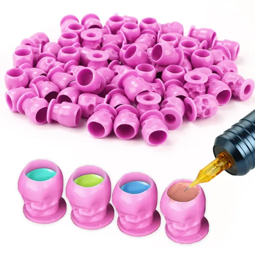 Vista 7 de 200 tapas de tinta desechables para tatuaje, vasos de plástico con base para pigmento de maquillaje permanente, suministros de accesorios