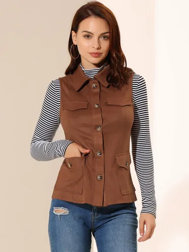 Vista 2 de Allegra K Chaleco de gamuza sintética para mujer chaqueta sin mangas con botones y bolsillo tipo cargo M