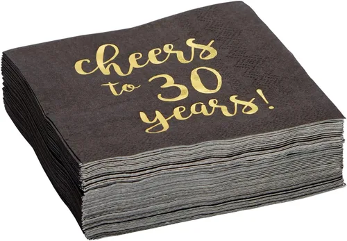 Vista 4 de BLUE PANDA Servilletas de 30 cumpleaños – 5 x 5 pulgadas, 3 capas, 50 unidades, negro y dorado – Servilletas estampadas con texto en inglés «Cheers