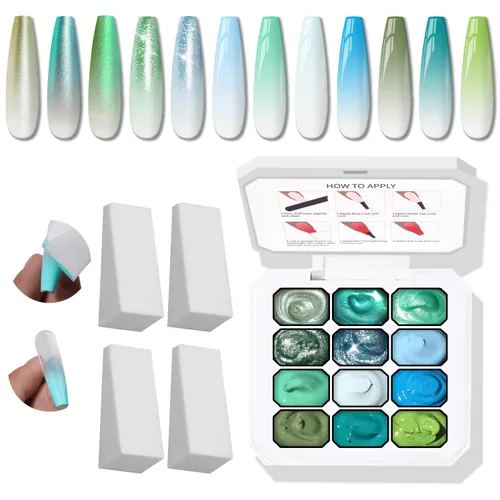 Vista 12 de Paleta de Esmalte de Uñas en Gel Sponge Pat, 12 Colores para Mezclar Ombré Degradado, Pintura Degradada para Arte de Uñas, Sin Limpieza, Curado