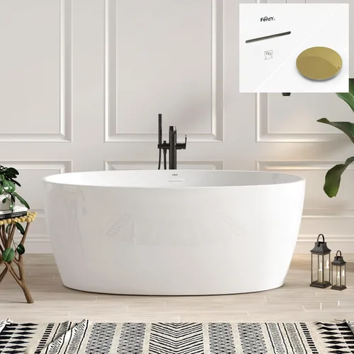 Vista 19 de FerdY Tahití - Bañera de acrílico independiente de 55 pulgadas, elegante bañera de remojo de forma ovalada, blanco brillante, drenaje dorado