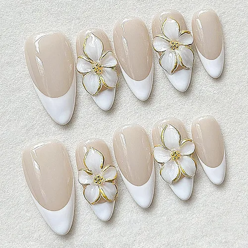 Vista 13 de Nude French Tip Acrylic Medium Almond Press on Nails Flower Fake Nails LHD-Almond-006-03