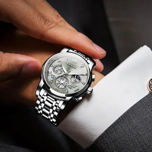 Vista 7 de OLEVS Relojes para hombre de acero inoxidable con cronógrafo, reloj de pulsera grande analógico de cuarzo, relojes de vestir impermeables de moda
