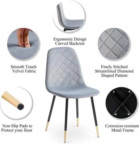 Vista 6 de NORDICANA Sillas de comedor de terciopelo, sillas laterales tapizadas de color sólido para la cocina, juego de 2 con patas de metal, gris
