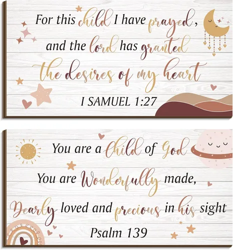 Vista 7 de Yookeer 2 piezas de arte de pared de madera para habitación de bebé, decoración de pared con texto en inglés "This Child I Have Prayed", letrero