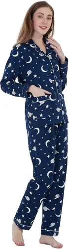 Vista 4 de GLOBAL Conjunto de pijama de franela para mujer, 100% algodón, pijama de manga larga con botones, ropa de descanso cálida