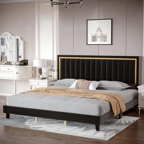 Vista 7 de Cama de plataforma tapizada de terciopelo tamaño Queen con diseño de ribete dorado, diseño sin ruido, base resistente con listones de madera, no Gris
