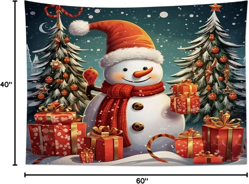 Vista 6 de HVEST Tapiz navideño de muñeco de nieve para colgar en la pared, divertido muñeco de nieve con sombrero rojo de Navidad y tapiz de regalo, tapiz