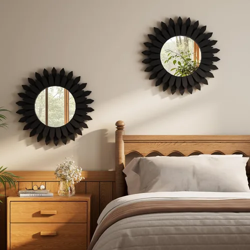 Vista 5 de Espejo de Pared Boho de 20 Pulgadas Negro con Diseño de Rayos de Sol - Espejo Circular de Madera para Pared, Espejo Circular Rústico Hecho a Mano