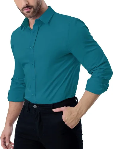 Vista 4 de ZAFUL Camisas de vestir elásticas y ajustadas para hombre, de manga larga, con botones, casual, de algodón