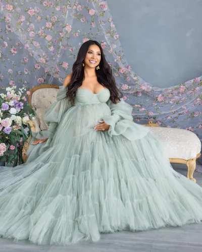 Vista 5 de Vestidos de maternidad de tul para sesión de fotos, batas de hombro descubierto, manga larga, lencería nupcial, vestido de baby shower, vestidos