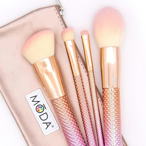 Vista 4 de MODA Juego de brochas de maquillaje de rosas metálicas, kit completo para rostro y ojos, filamentos sintéticos veganos, brochas de base, polvo