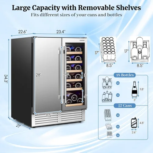 Vista 3 de COSTWAY Refrigerador de vino y bebidas, enfriador de bebidas de doble zona de 24 pulgadas con cerradura, puerta de acero inoxidable, refrigerador