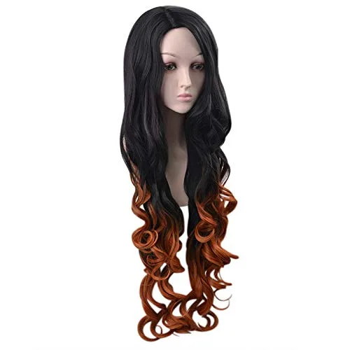 Vista 4 de Peluca de color naranja y negro degradado para mujer, cabello largo y rizado