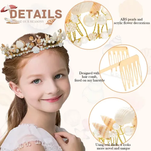 Vista 6 de Campsis Corona dorada para niñas, corona de concha, pieza de pelo de princesa, cumpleaños, cosplay, accesorios para el cabello para mujeres y niñas