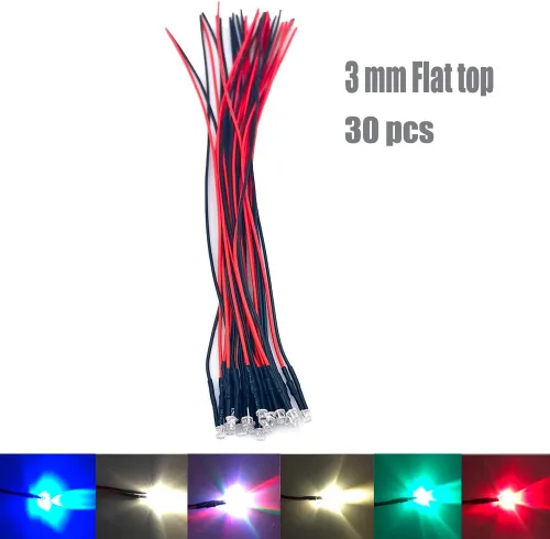 Vista 3 de 30 piezas de luces LED de 12 voltios de 3mm con parte superior plana verde, diodos emisores de luz precableados, lente de agua transparente de 7.9