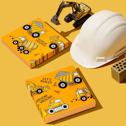 Vista 4 de DYLIVeS Servilletas de fiesta con temática de construcción, servilletas de fiesta de cóctel, servilletas de papel desechables de tractor amarillo