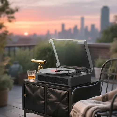 Vista 7 de Tocadiscos de vinilo Bluetooth con altavoces estéreo incorporados, transmisión por correa, tocadiscos de 3 velocidades para discos de vinilo
