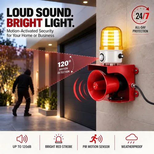 Vista 2 de Alarma con sensor de movimiento AC110V con detección humana, sirena ajustable de 120 dB y luces estroboscópicas LED ámbar, alarma de seguridad al