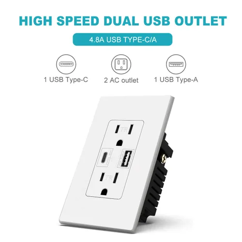 Vista 2 de Micmi USB C + A PD Power Delivery 24W Toma de corriente dual de alta velocidad, capacidad de carga rápida inteligente, placa de pared resistente a
