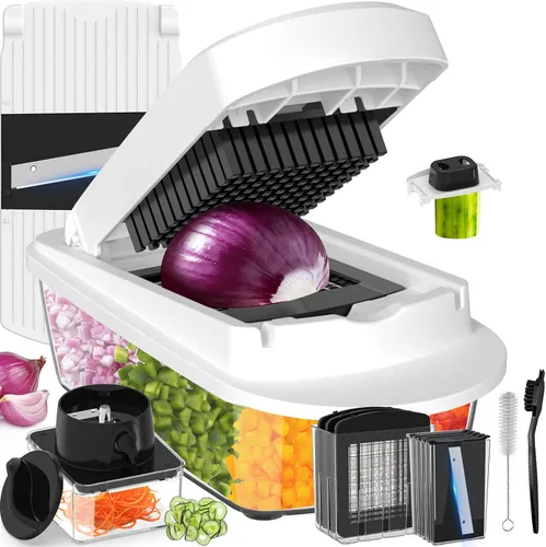 Vista 12 de Picador de verduras todo en uno de 8 cuchillas con contenedor, picador de alimentos, picador de cebolla, cortador de verduras para ensalada, Negro