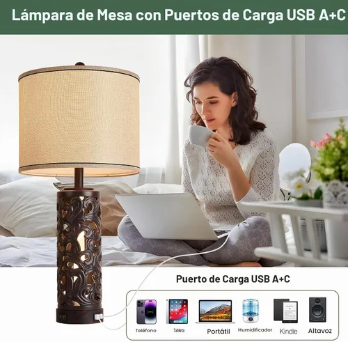 Vista 2 de AIDENOEY Juego de 2 lámparas de mesa con luz nocturna, lámpara de mesa de granja de 28 pulgadas con puertos USB A+C, lámpara de noche de cerámica