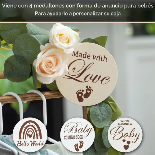 Vista 5 de Armario de madera para baby shower, cesta personalizada para baby shower, quemado con parte delantera de acrílico transparente