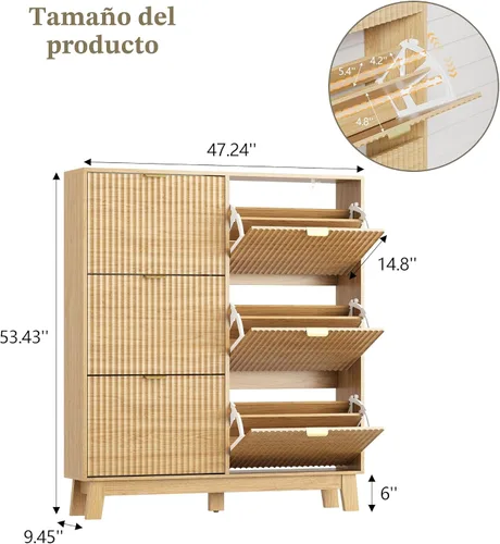 Vista 2 de HUANLEGO Zapatero de almacenamiento para entrada con 6 cajones abatibles, organizador de zapatos estrecho acanalado con patas de madera, zapatero