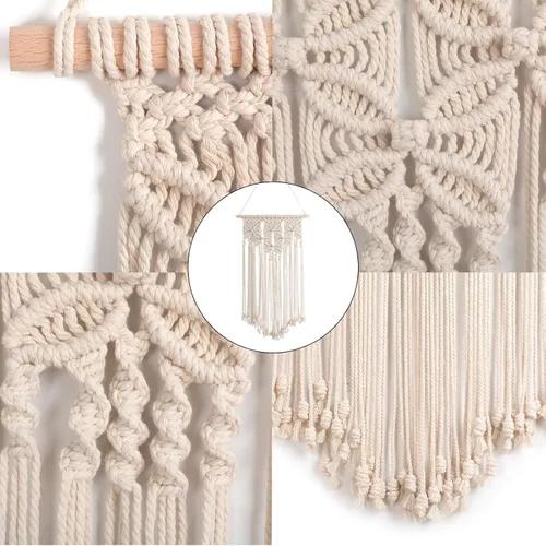 Vista 4 de macramé para colgar en la pared, arte bohemio tejido, decoración del hogar, elegante cuerda de algodón, arte de pared para apartamento, sala de Beige