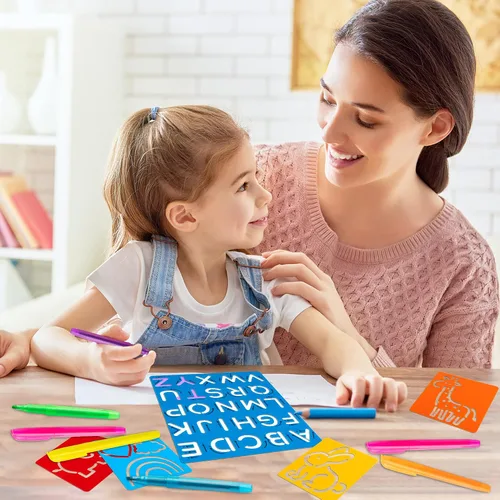 Vista 4 de Juego de 22 plantillas de trazado del alfabeto para niños, plantillas de dibujo con resaltador de color, letras y números y bonitos tableros