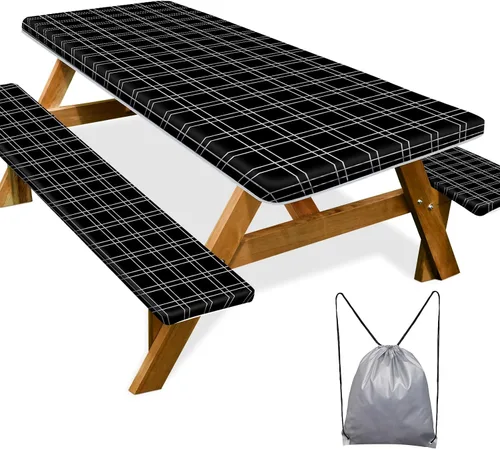 Vista 25 de Funda de mesa de picnic con fundas para bancos Esenciales de camping Mantel de picnic impermeable y a prueba de viento con bolsa de cordón, funda