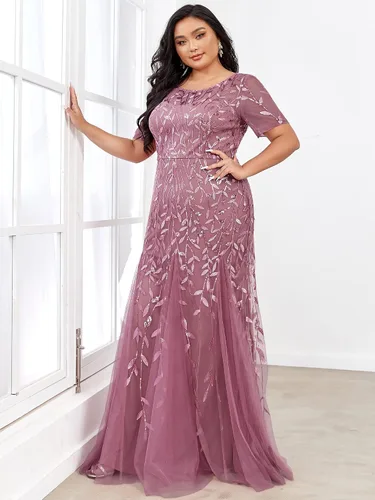 Vista 4 de Ever-Pretty Vestido de noche maxi de sirena bordado de manga corta con lentejuelas de talla grande para mujer 07707-PZUSA