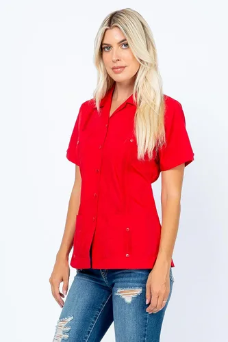 Vista 3 de Women's Traditional Guayabera Shirt Cotton Blend 4 Pocket Design Short Sleeve