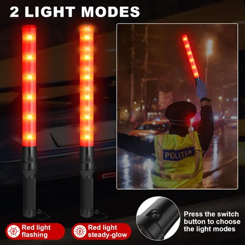 Vista 6 de Weewooday Paquete de 2 varitas de control de tráfico aéreo de seguridad de 21 pulgadas, varita de señal de tráfico LED, linterna de control de Rojo