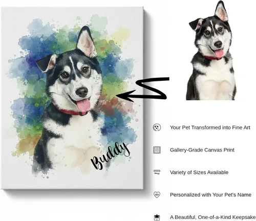 Vista 2 de Retrato personalizado de acuarela de perro/gato de la foto, decoraciones de lienzo enmarcado, retrato de mascota personalizado, regalo del dueño