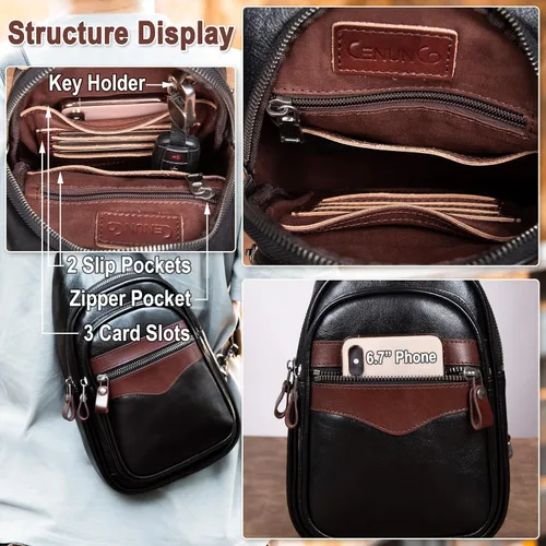 Vista 4 de Bolso bandolera de cuero genuino para hombres y mujeres, bolso de hombro cruzado, mochila de pecho, bolso de mano casual