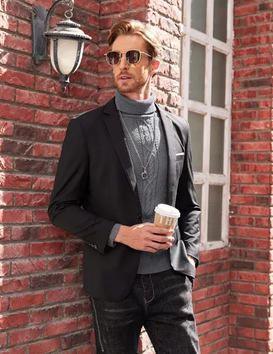 Vista 3 de COOFANDY Suéter de cuello alto ajustado para hombre, suéter de punto trenzado cálido casual